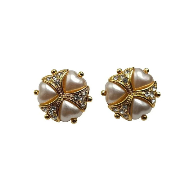 Joan Rivers Gold-Tone Faux Pearl Clear Rhinestone Heart Earrings Vintage - Picture 1 of 5